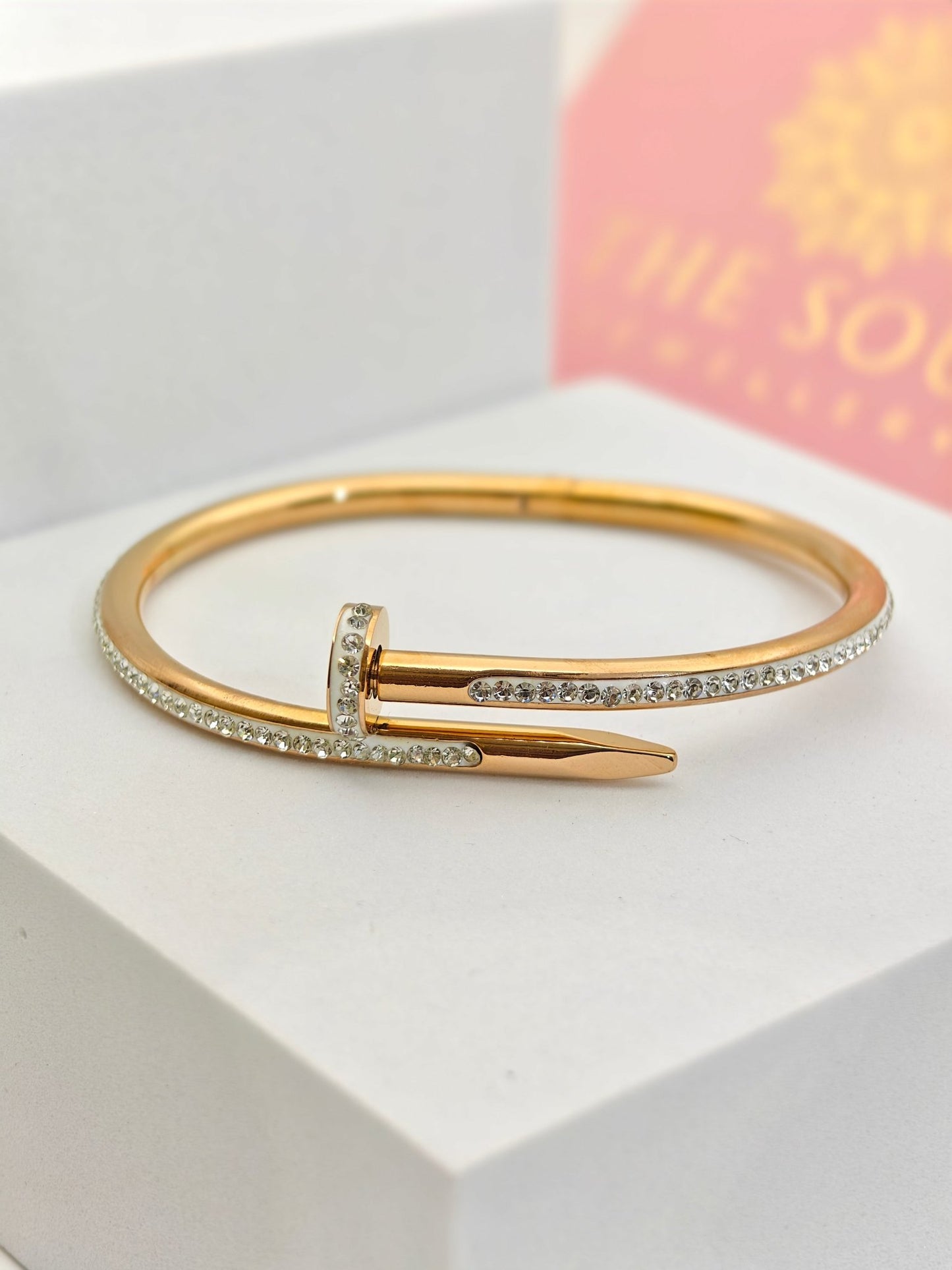 18K Rose Gold Plated Nail Bangle with Dazzling Crystal Pave – Bold and Modern Elegance RGB285 ki - The Soul Jewellery