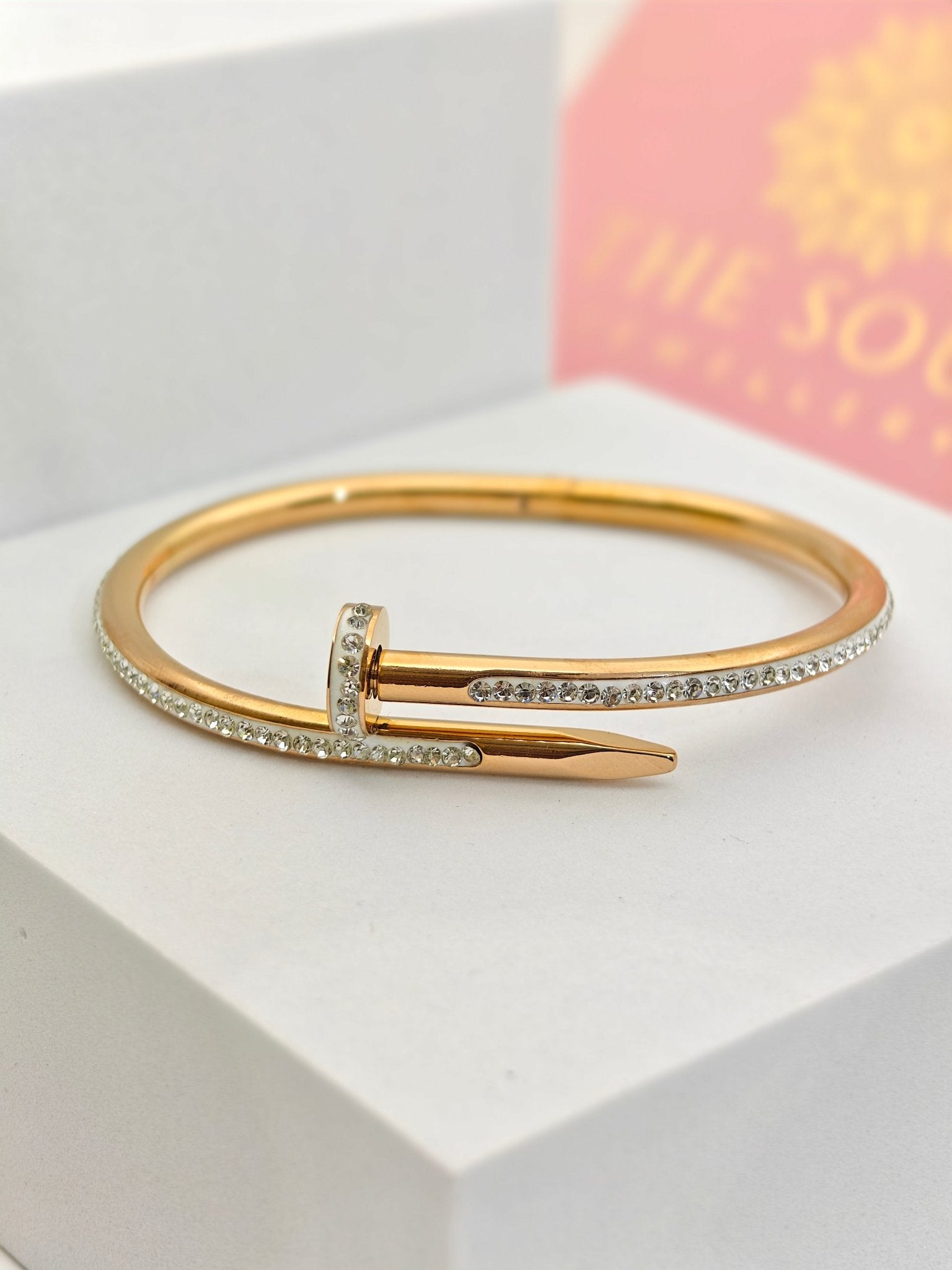 18K Rose Gold Plated Nail Bangle with Dazzling Crystal Pave – Bold and Modern Elegance RGB285 ki - The Soul Jewellery
