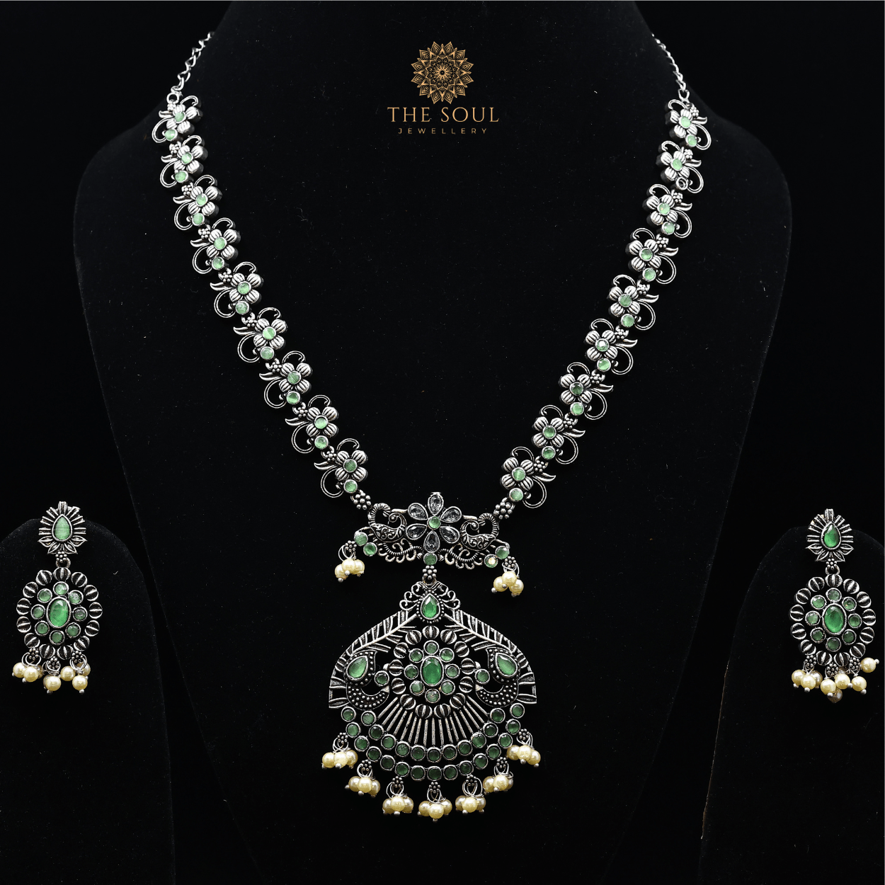 Bold German Silver Plated Necklace and Earrings Embellished with Brilliant Green Gemstones and Gleaming Pearl Drops - GSN112G - The Soul Jewellery