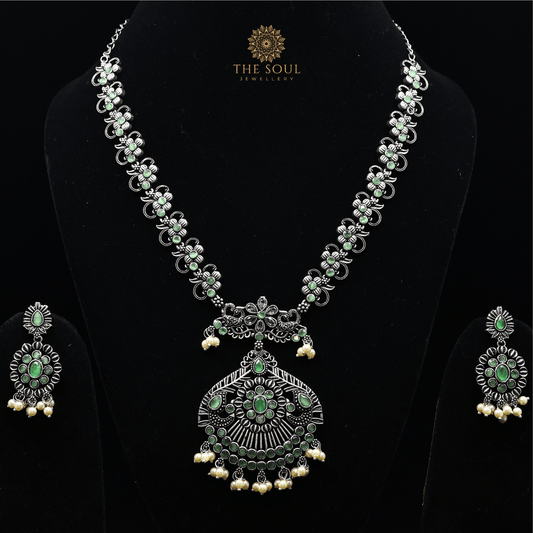 Bold German Silver Plated Necklace and Earrings Embellished with Brilliant Green Gemstones and Gleaming Pearl Drops - GSN112G - The Soul Jewellery