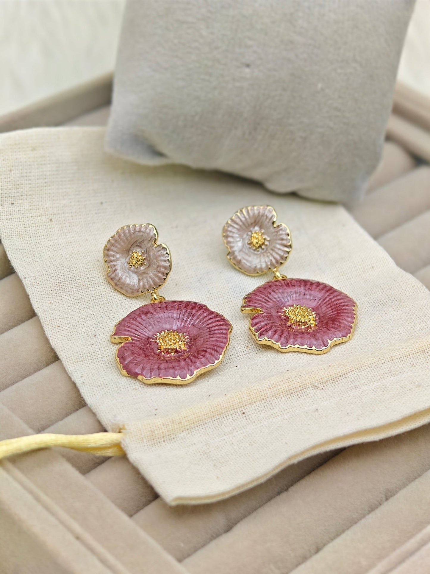 Luxury Anti - Tarnish Enamel Flower Drop Earrings in Gold Finish – Elegant Pink & Pearl Dual Tone - The Soul Jewellery