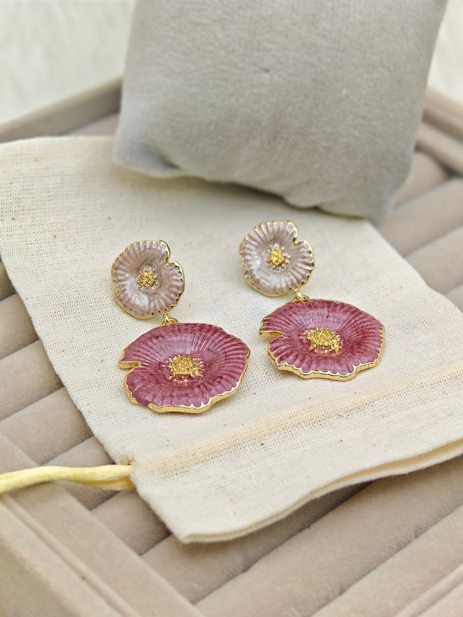 Luxury Anti - Tarnish Enamel Flower Drop Earrings in Gold Finish – Elegant Pink & Pearl Dual Tone - The Soul Jewellery