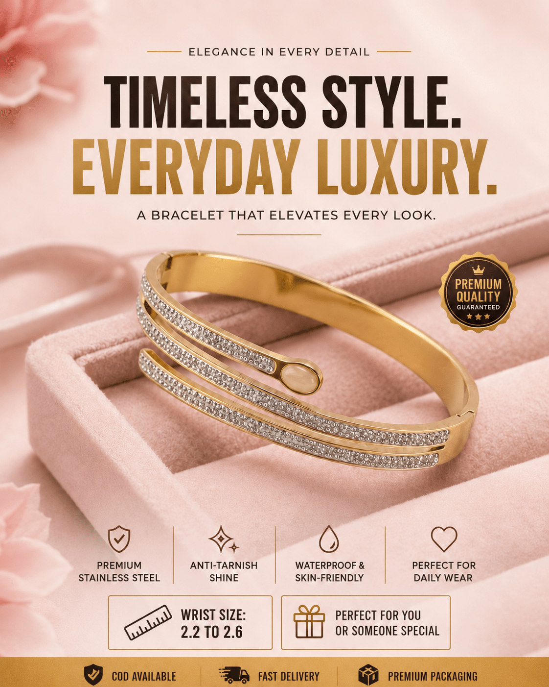 Stunning 18K Gold Plated Triple Row Bangle with Sparkling Crystal Accents Bracelet for Women - The Soul Jewellery
