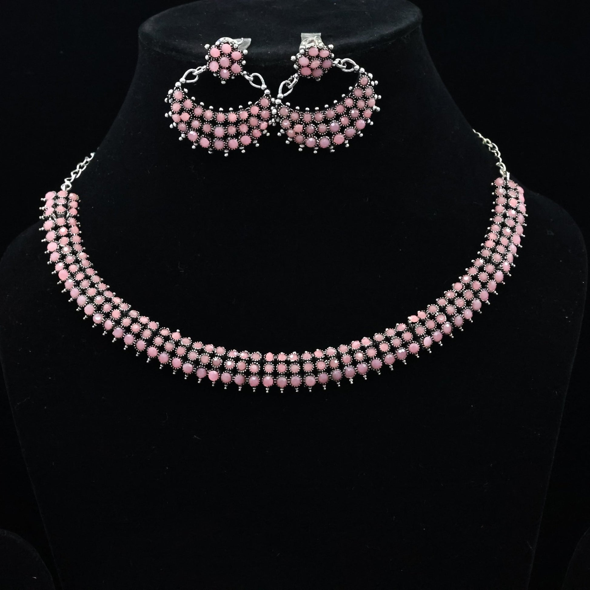 Silver Replica Statement Necklace Set Embellished with Brilliant Pink Gemstones - The Soul Jewellery