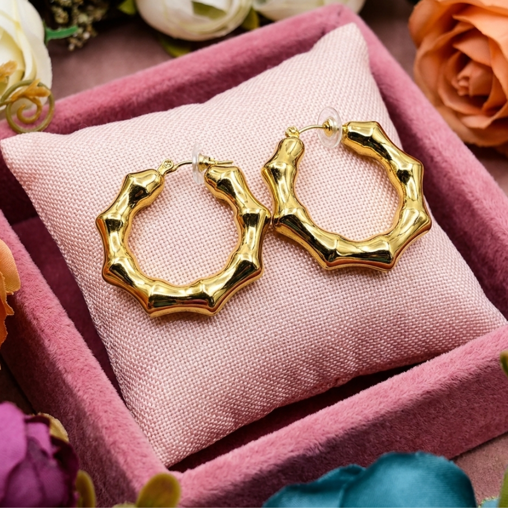 18K Gold Plated Anti - Tarnish Bamboo Hoop Earrings for Women | Demi - Fine Luxury Daily Wear Hoops | Waterproof Minimal Statement Jewellery - The Soul Jewellery
