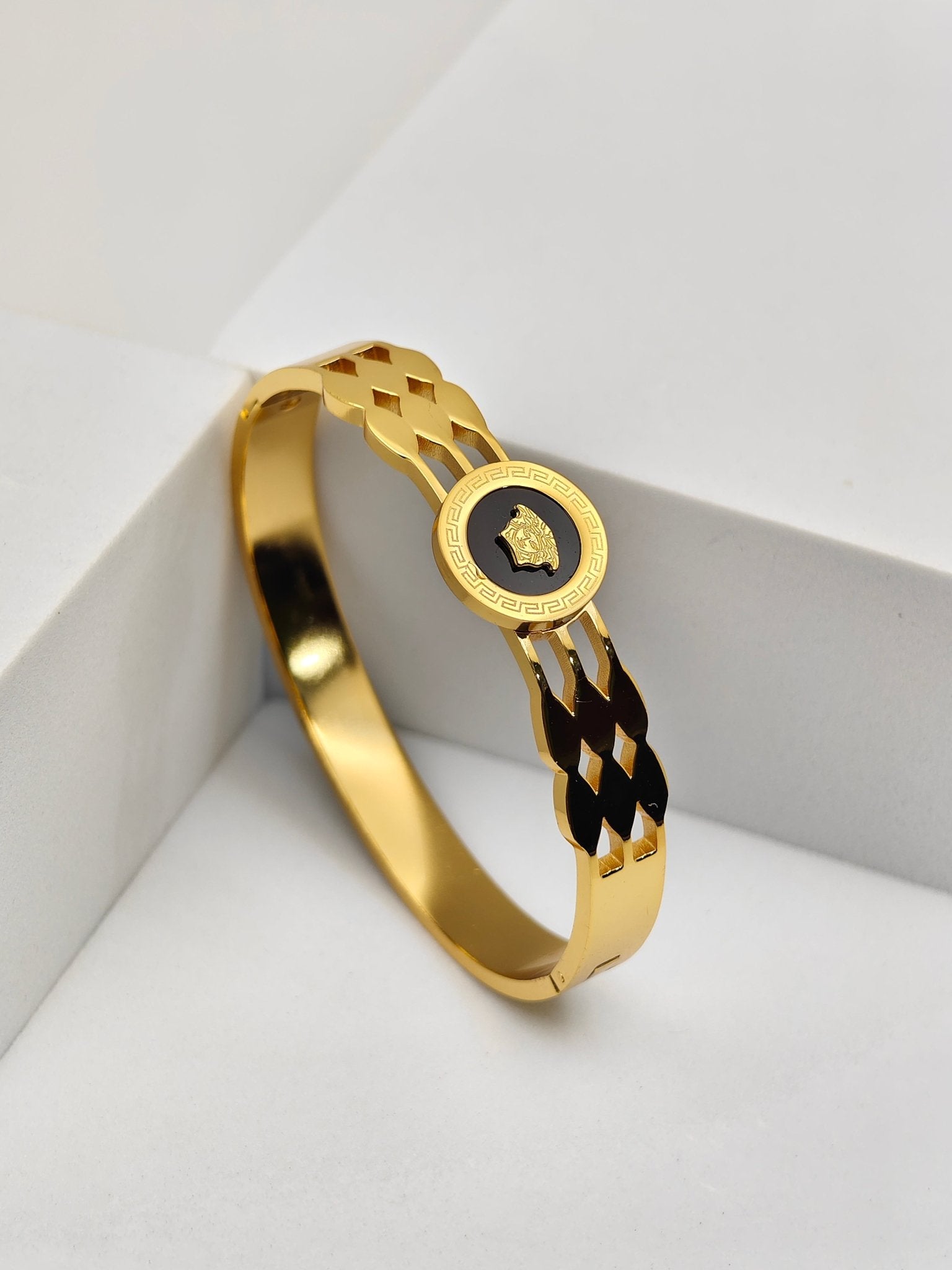 Imperial Dynasty 8™ Medusa Emblem Gold Cuff Bracelet for Men – Versace Inspired Black Enamel Luxury Stainless Steel Demi - Fine Power Kada - The Soul Jewellery