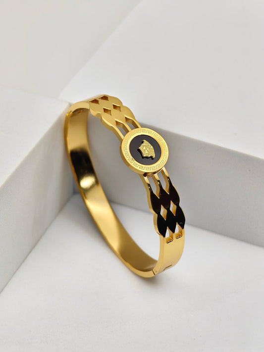 Imperial Dynasty 8™ Medusa Emblem Gold Cuff Bracelet for Men – Versace Inspired Black Enamel Luxury Stainless Steel Demi - Fine Power Kada - The Soul Jewellery