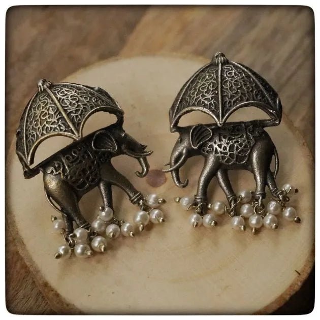 Gajraj Umbrella Oxidised Earrings for Women – Vintage Silver Elephant Pearl Drop Statement Earrings - The Soul Jewellery