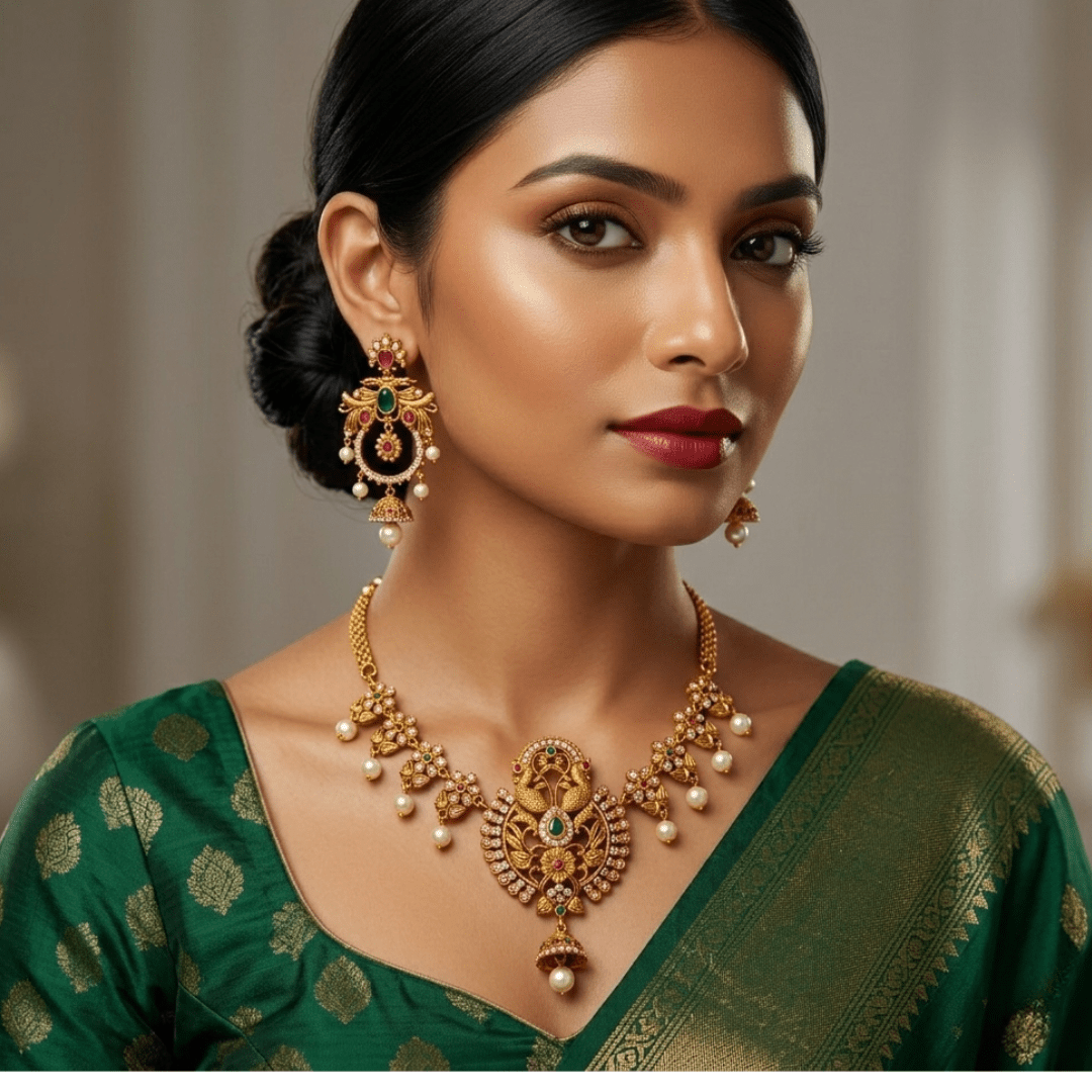 Maharani Peacock Jhumka™ Traditional Temple Necklace Set for Women – Antique Gold Plated South Indian Kundan Necklace Set, Pearl Drops & Statement Chandbali Earrings - The Soul Jewellery