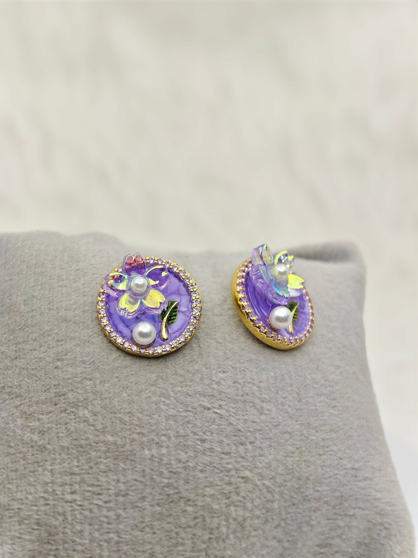 AntiTarnish Purple Enamel Stud Earrings with Pearl & Floral Detailing – Everyday Statement Jewelry - The Soul Jewellery