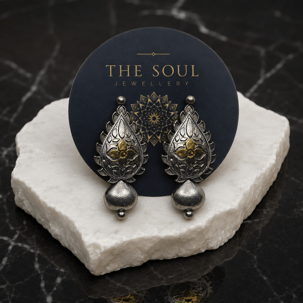 Antique Dual Tone Floral Drop Earrings for Women | Oxidized Silver & Gold Ethnic Earrings - The Soul Jewellery