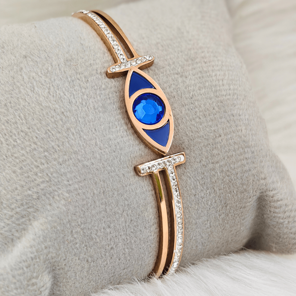 Blue Evil Eye Rose Gold Anti Tarnish Openable Bangle RGB145 - The Soul Jewellery