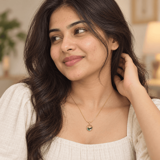 Gold-Tone Stainless Steel Green Crystal Crescent Pendant Necklace for Women - Soul Jewellery