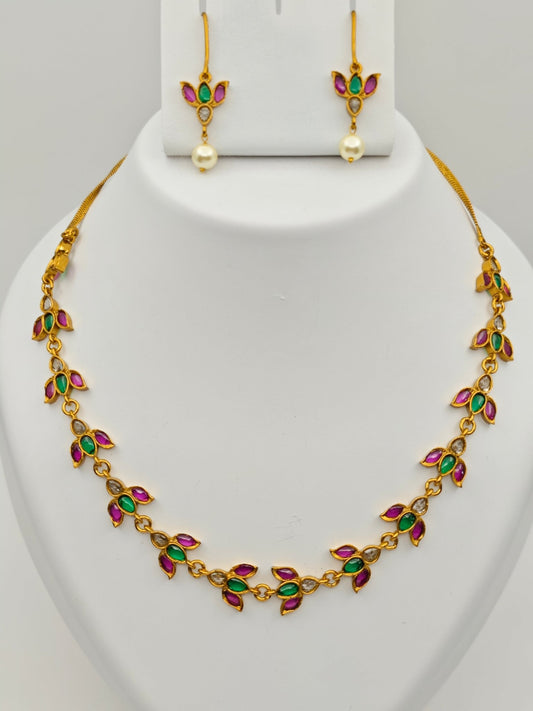 Royal Lotus Heritage™ Traditional Temple Necklace Set for Women – Gold Plated South Indian Floral Design with Ruby Green Stones & Pearl Drop Earrings - The Soul Jewellery