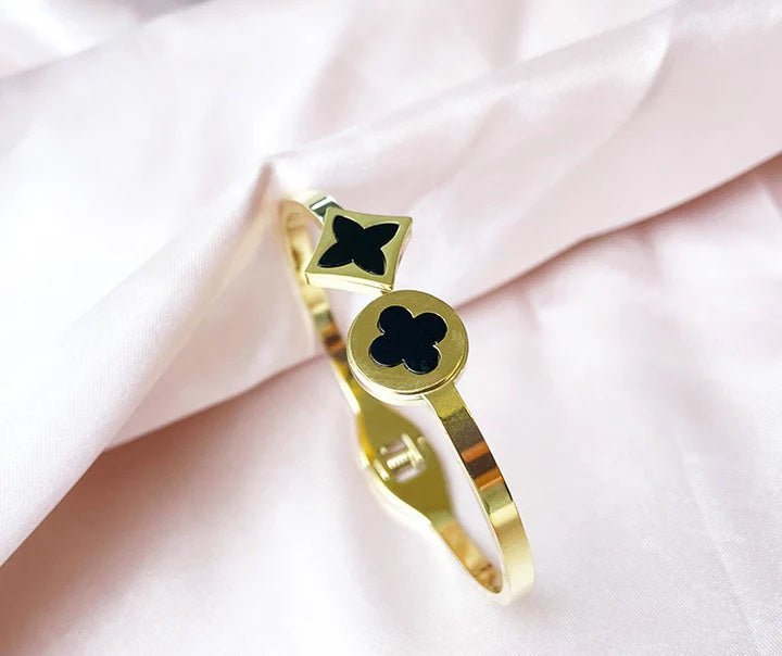 Demi - Fine Classic Retro Black Shell Four - Leaf Clover Bracelet | Gold - Plated Stainless Steel Bangle for Women - The Soul Jewellery