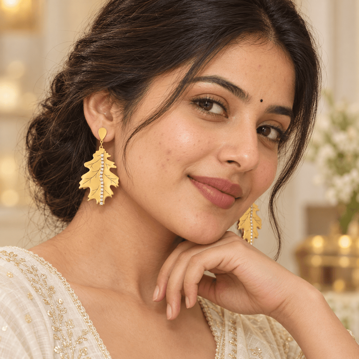 Gold-Tone Stainless Steel Crystal Leaf Drop Earrings for Women | Elegant Statement Dangle Earrings - Soul Jewellery