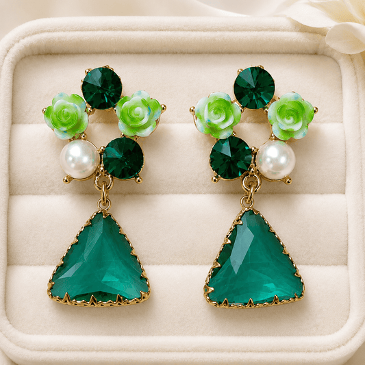 Emerald Green Floral Pearl Triangle Drop Earrings for Women – Gold-Tone Crystal Statement Earrings - Soul Jewellery