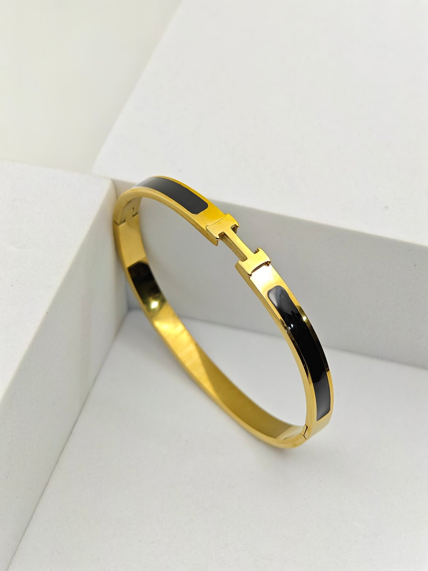 Royal Aura 8™ Black Enamel H Bracelet | Anti - Tarnish Demi - Fine Stainless Steel Cuff for Men & Women - The Soul Jewellery