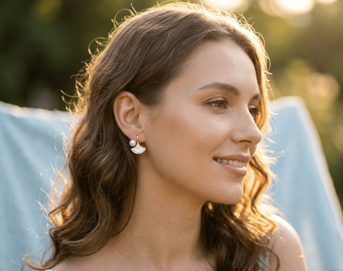 Venus Pearl Bloom 6™ Gold Fan Stud Earrings for Women – Demi - Fine Anti - Tarnish Stainless Steel Mother of Pearl Crystal Designer Earrings - The Soul Jewellery