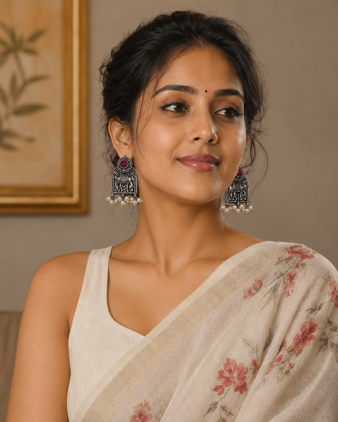 Oxidised Camel Pearl Earrings for Women | Antique Silver Replica Tribal Earrings with Ruby Red Stone - The Soul Jewellery