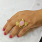 Premium Gold-Plated Brass Ring Pink Natural Stone –Leaf Motif Adjustable Statement Ring for Women - The Soul Jewellery