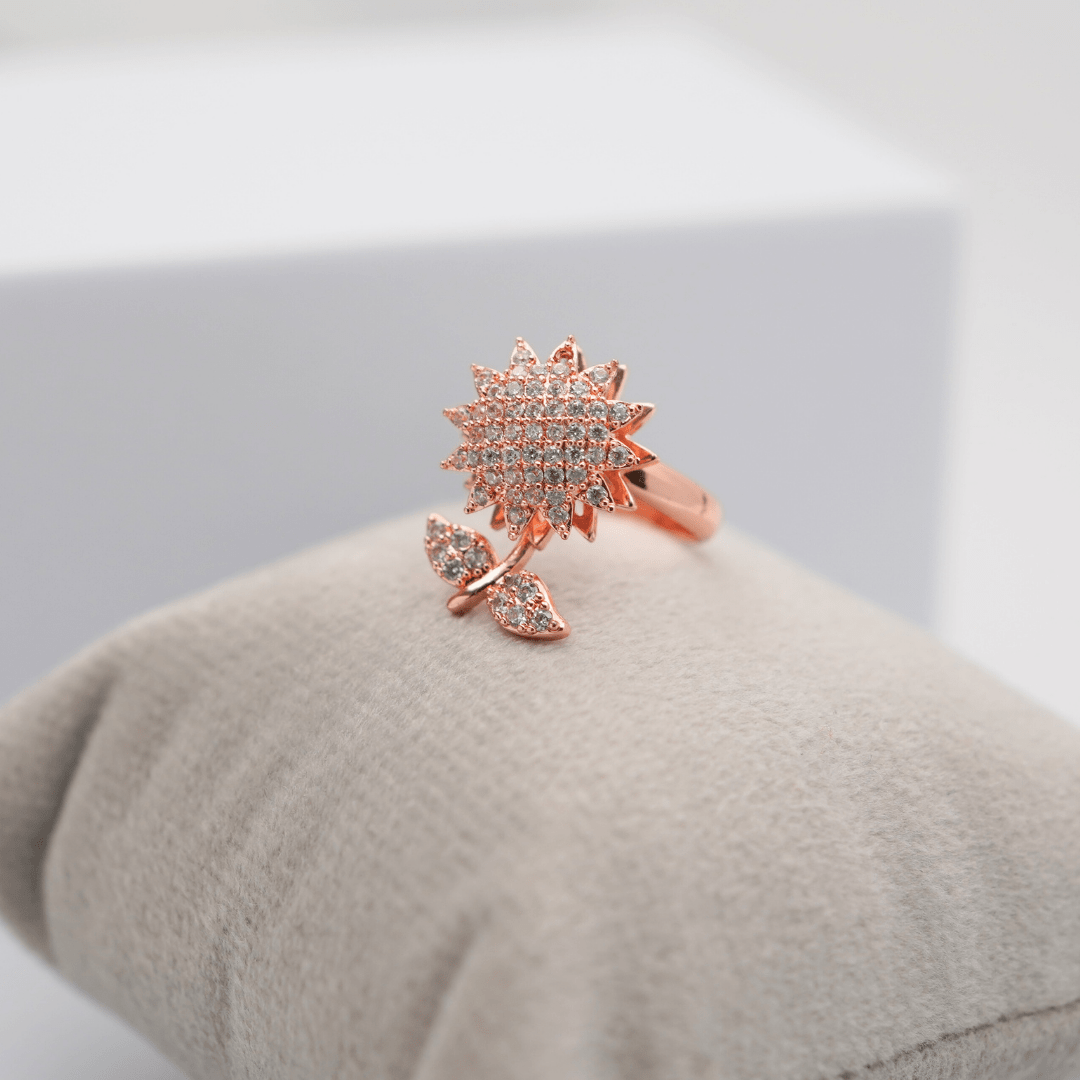 Elegant Anti - Tarnish Rose Gold Plated Lily Spinner Adjustable Ring with Crystal Accents – Unique and Stylish Design RGR153 - The Soul Jewellery
