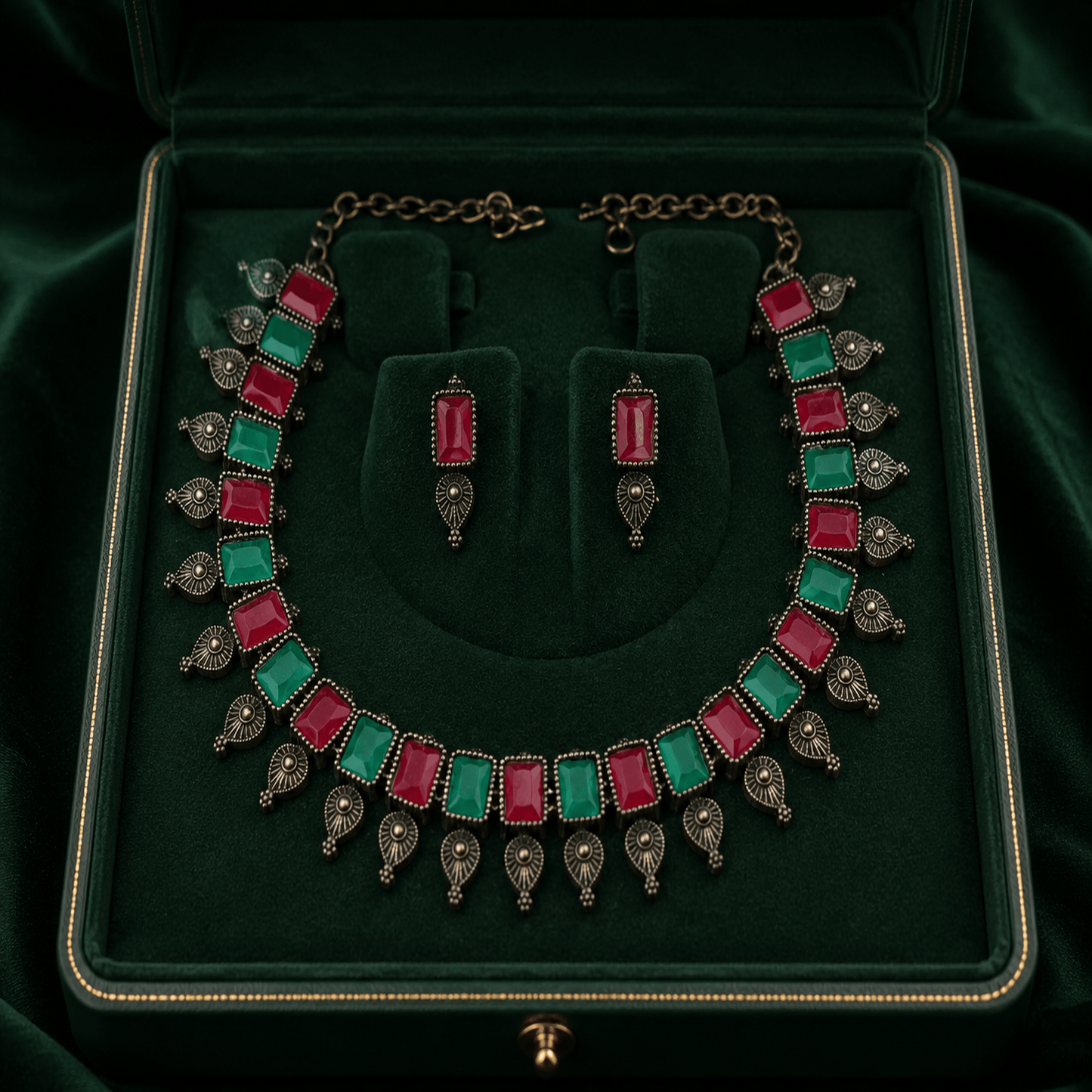 SoulBloom Heritage 6™ Antique Oxidised Temple Jewellery Set | Red Green Stone Necklace with Earrings - Soul Jewellery