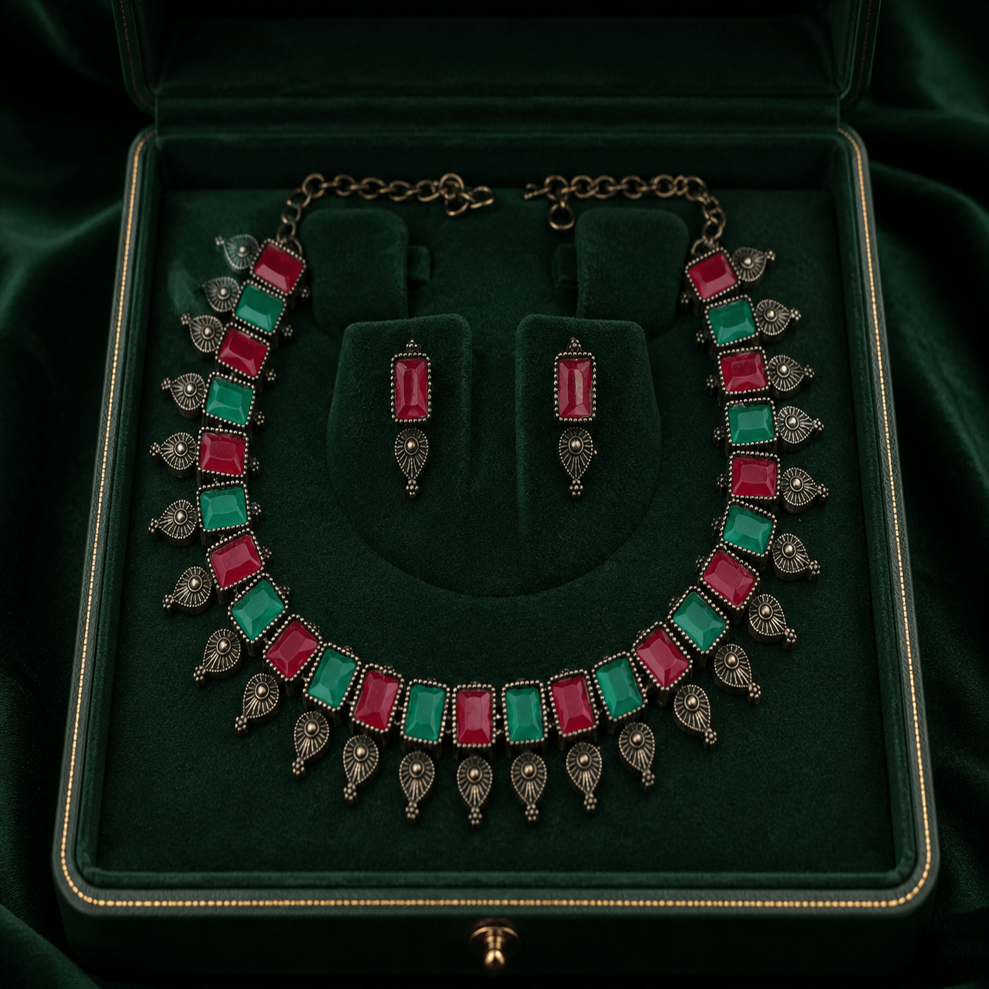 SoulBloom Heritage 6™ Antique Oxidised Temple Jewellery Set | Red Green Stone Necklace with Earrings - Soul Jewellery