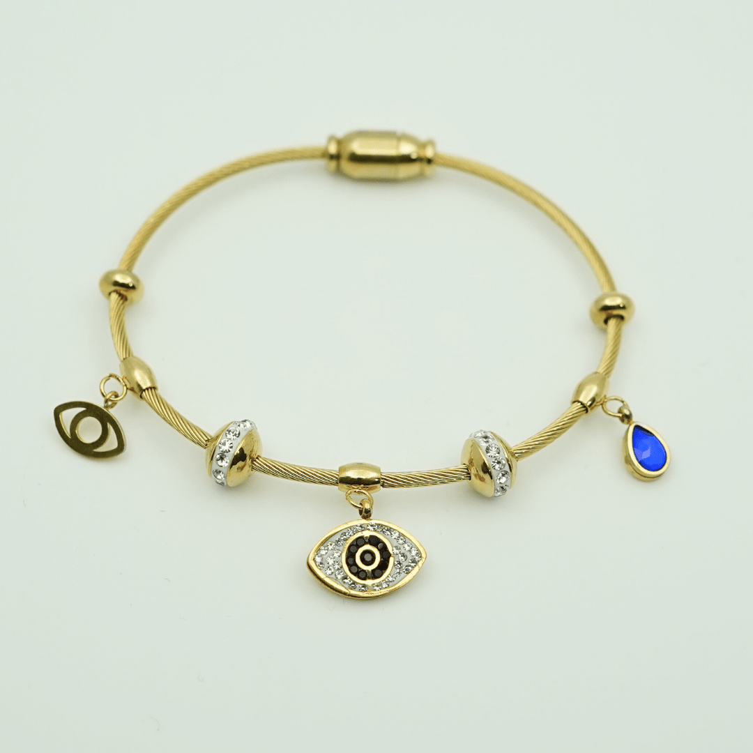Elegant Gold - Plated Evil Eye Charm Bangle with Crystal Accents and Blue Teardrop Pendant RGB401 - The Soul Jewellery