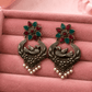 Bird Nest Motif Silver Lookalike Earring with Red and Green Stones and Pearl Drops for Women - The Soul Jewellery