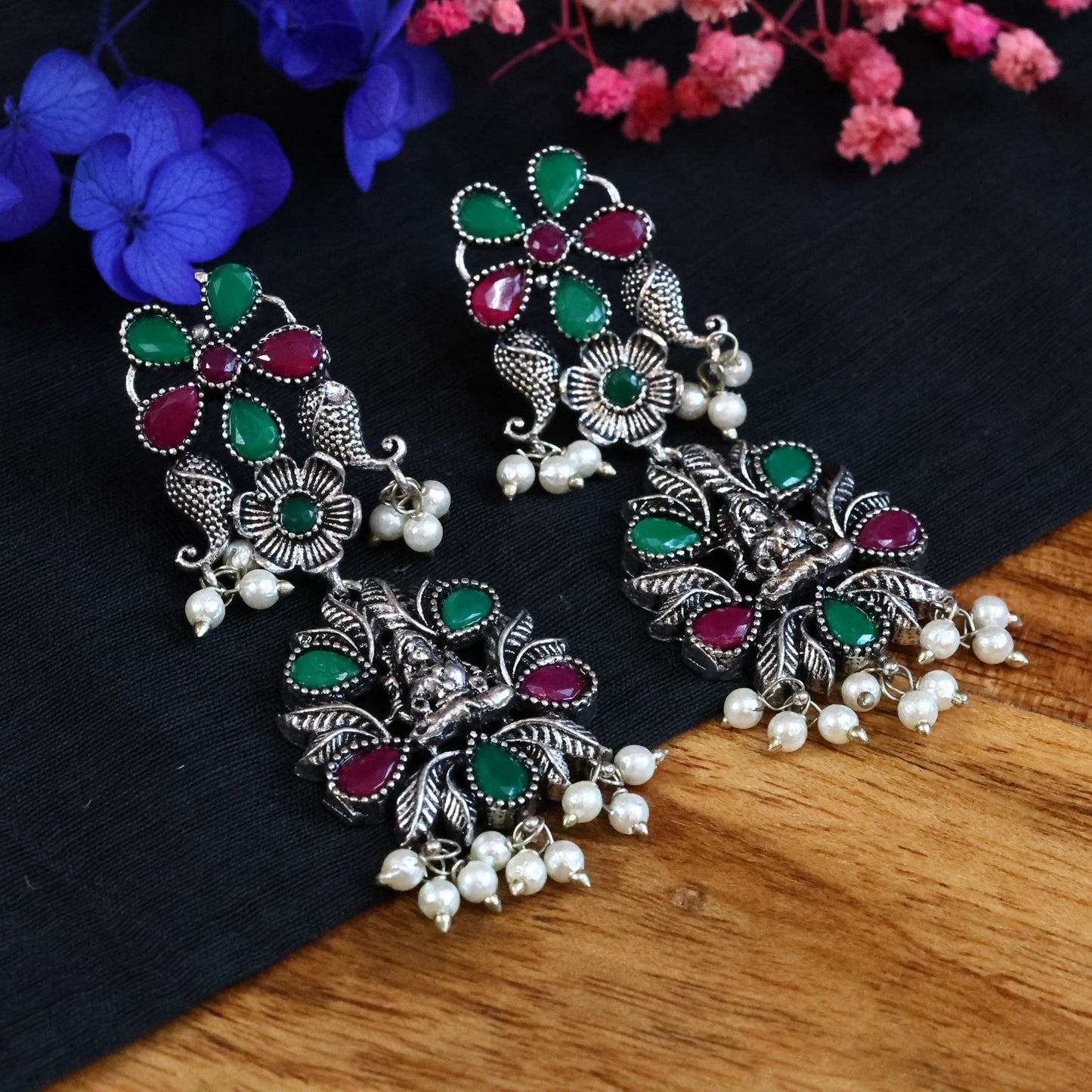 Idol Motif Green Maroon Stone German Silver Oxidized Earring - The Soul Jewellery