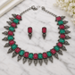 SoulBloom Heritage 6™ Antique Oxidised Temple Jewellery Set | Red Green Stone Necklace with Earrings - Soul Jewellery