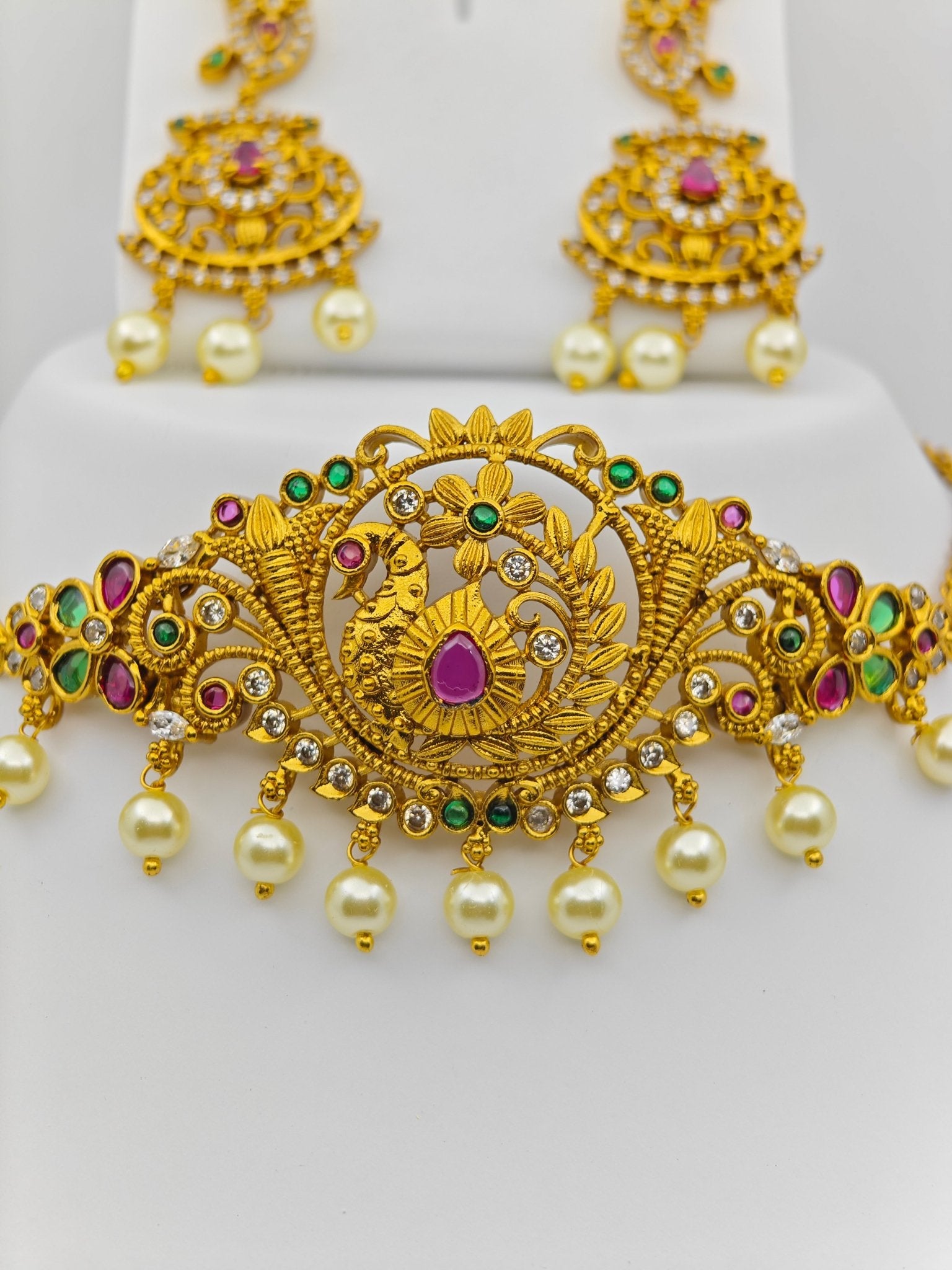 Rishika Antique Nakshi Choker Set with Pearl Drops Peacock and Floral Accents – Traditional Temple Jewelry MGNS311 - The Soul Jewellery