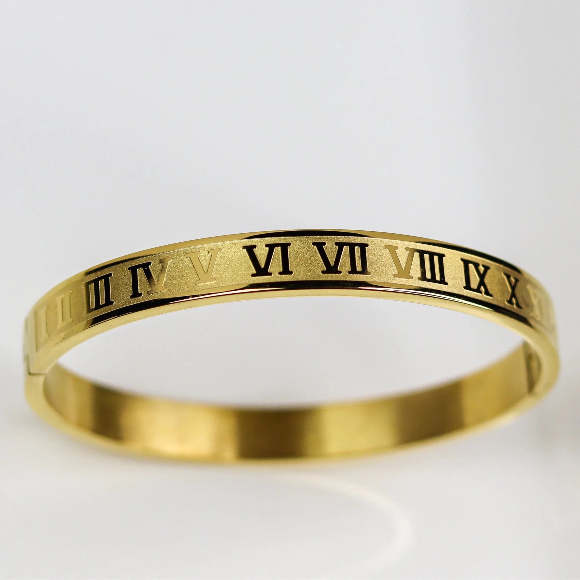 Regal Roman Aura 27™ Men’s Gold Bracelet – Engraved Roman Numeral Kada | Anti-Tarnish Minimal Cuff - The Soul Jewellery
