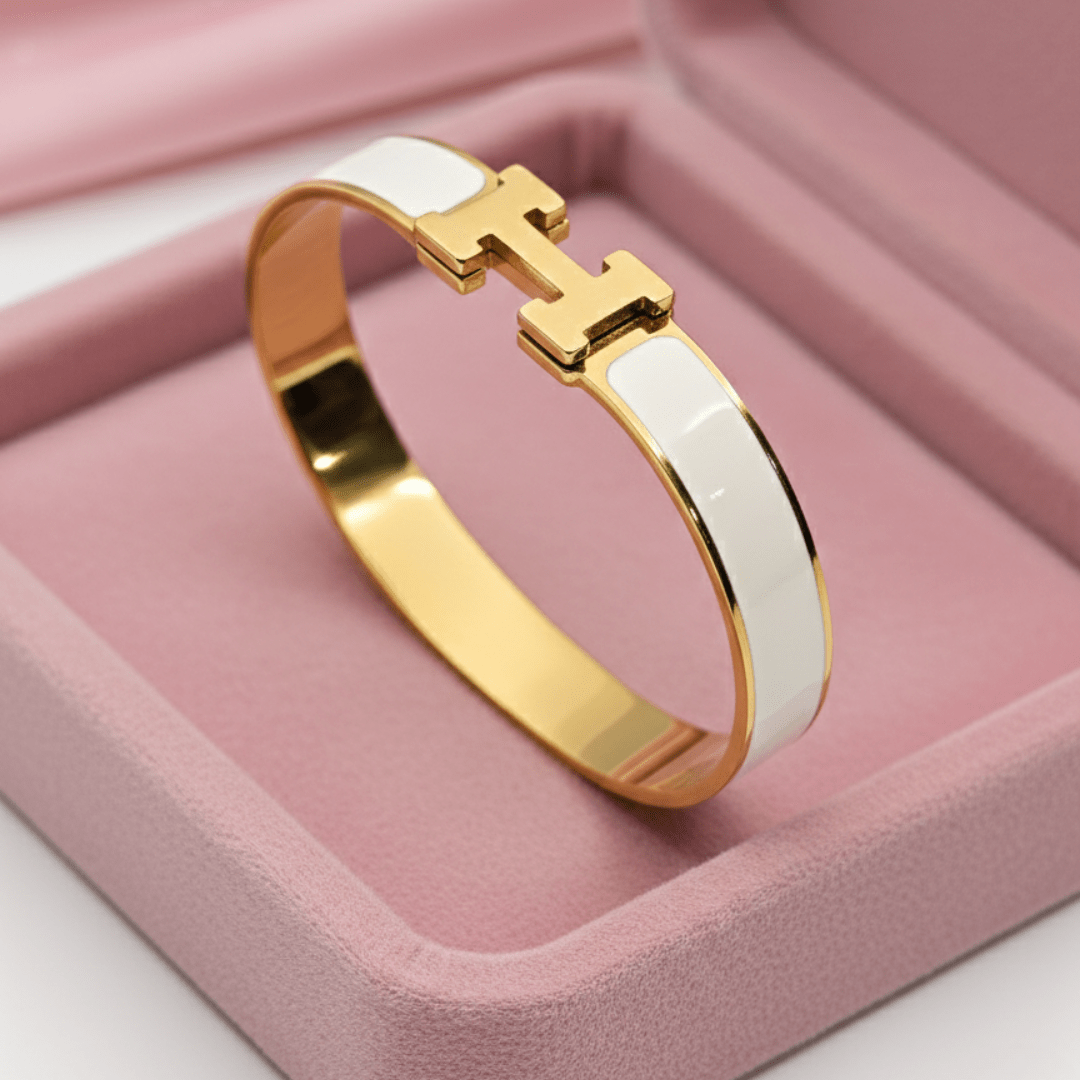 AuraLuxe Harmony 6™ Demi - Fine H Bracelet | 18K Gold Plated Anti - Tarnish Stainless Steel White Enamel Cuff for Women - The Soul Jewellery