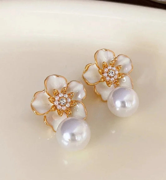White Enamel Floral Pearl Drop Earrings for Women – Ivory Bloom Aura 6™ Gold Plated Demi - Fine Designer Earrings - The Soul Jewellery