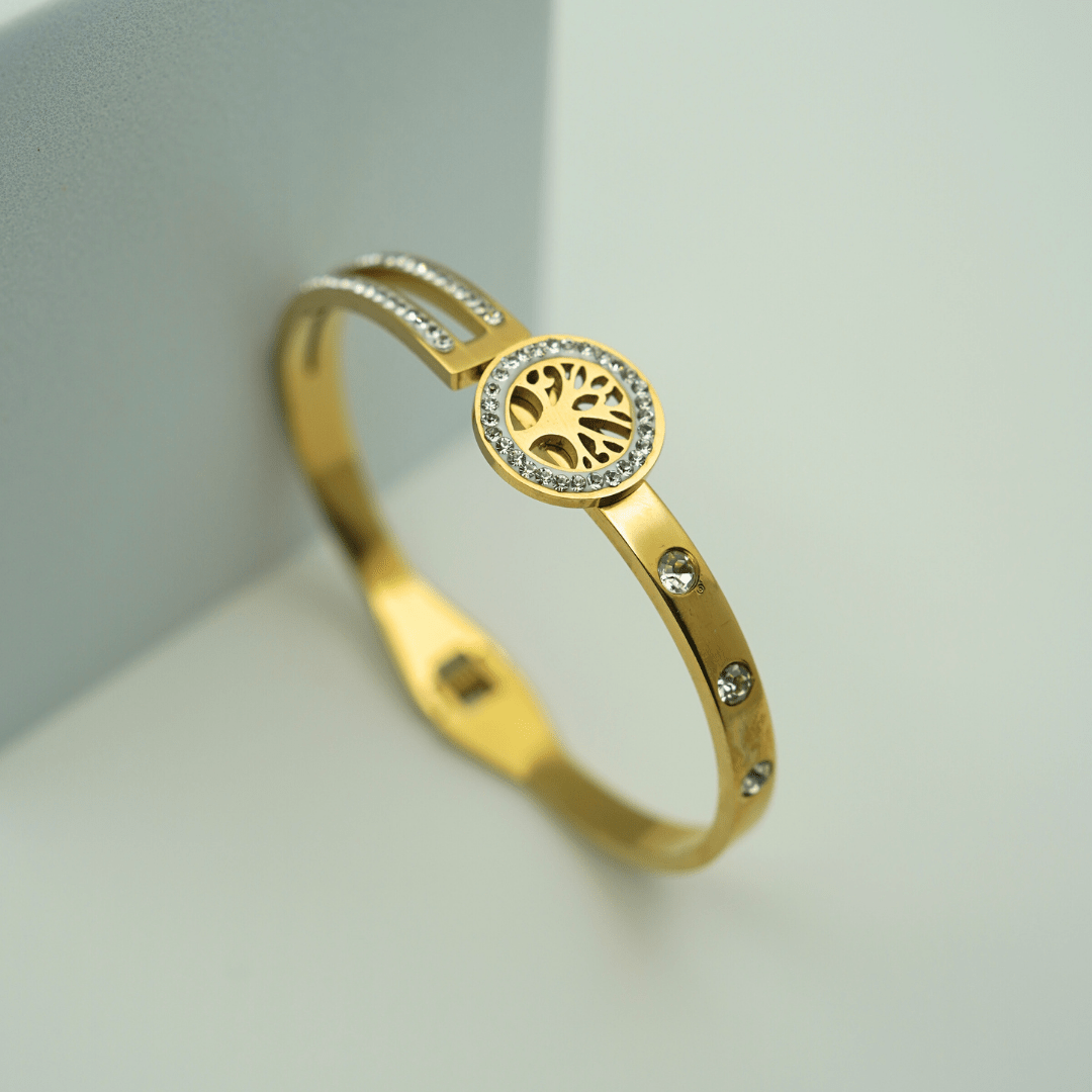 Luxury 18K Gold - Plated Anti - Tarnish Bangle with Tree of Life Design and Crystal Accents RGB352 - The Soul Jewellery