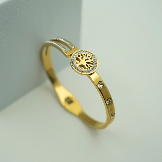 Luxury 18K Gold - Plated Anti - Tarnish Bangle with Tree of Life Design and Crystal Accents RGB352 - The Soul Jewellery