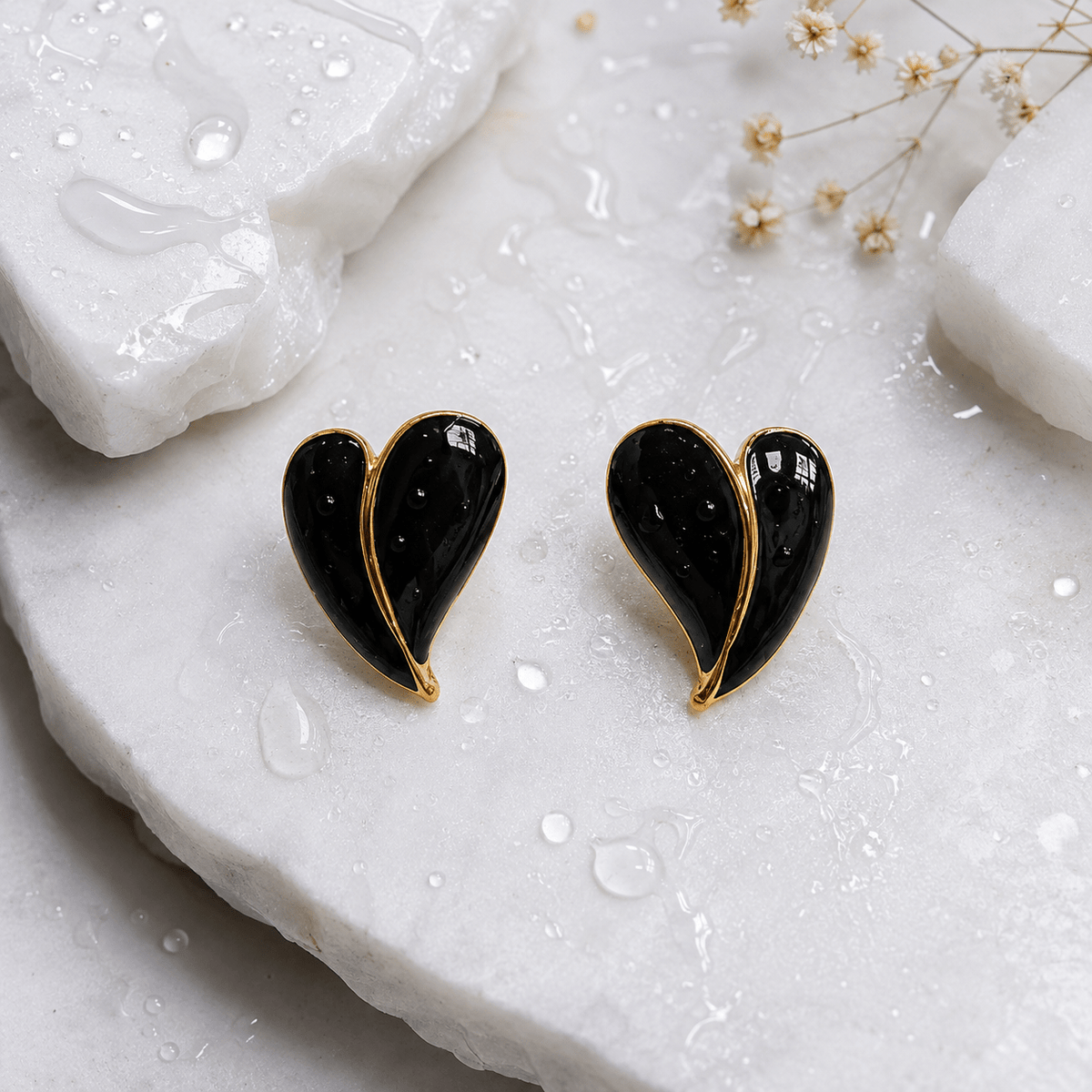 Black Heart Stud Earrings for Women – Gold-Tone Enamel Minimal Demi fine Earrings - Soul Jewellery