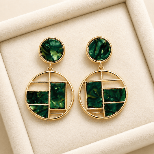 Emerald Green Marble Geometric Drop Earrings – Gold-Tone Statement Dangle Earrings for Women - Soul Jewellery