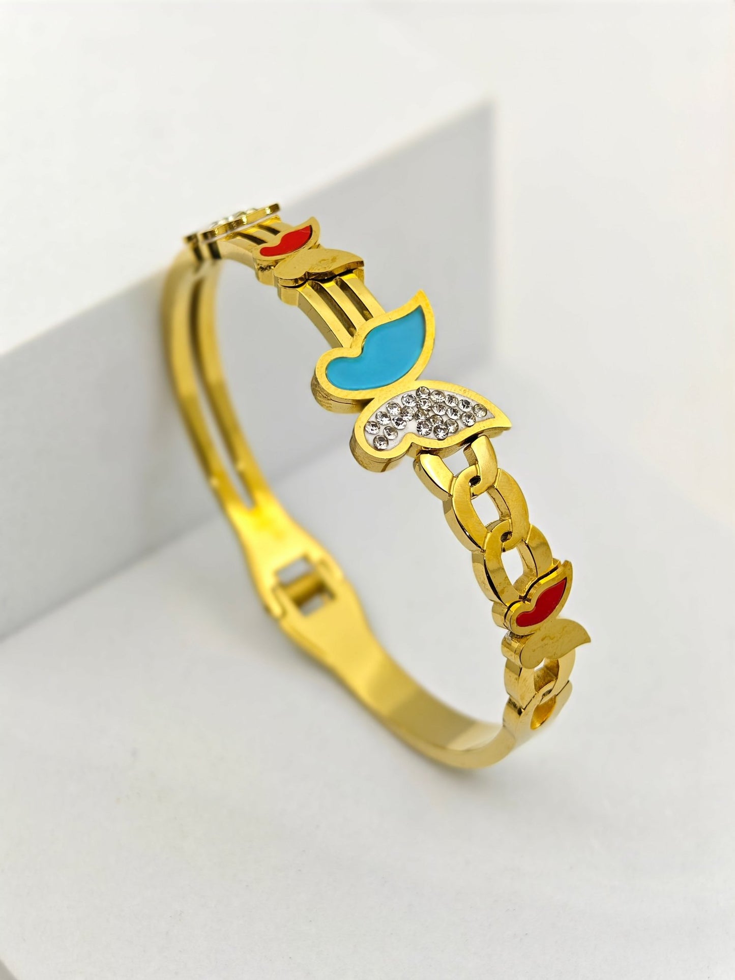 Gold Plated Multi colour Butterfly Charm Bangle – Anti-Tarnish Enamel & Crystal Bracelet for Women - The Soul Jewellery
