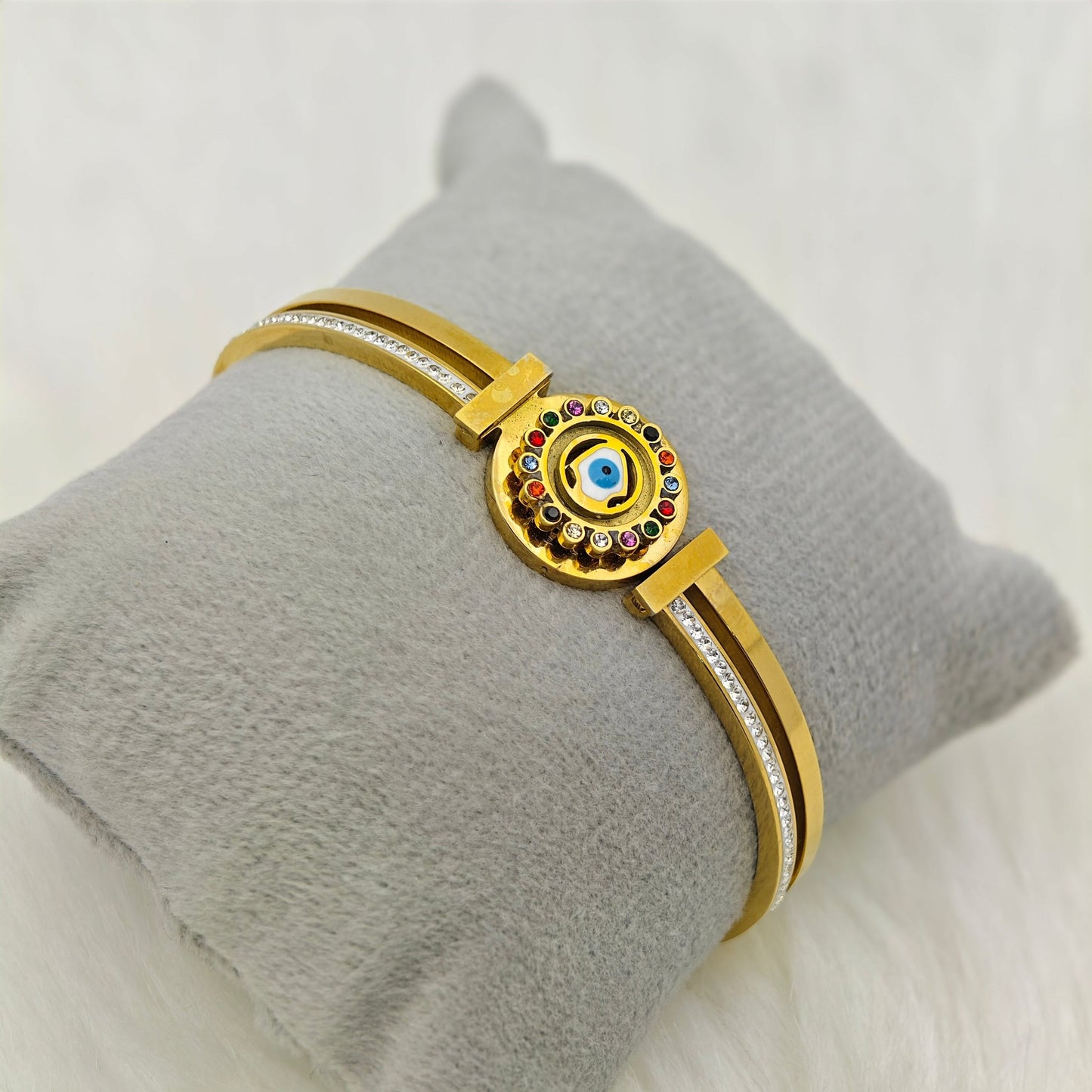 tylish 18K Rose Gold Plated Anti - Tarnish Rotating Evil Eye Bangle with Crystal Details RGB402 - The Soul Jewellery