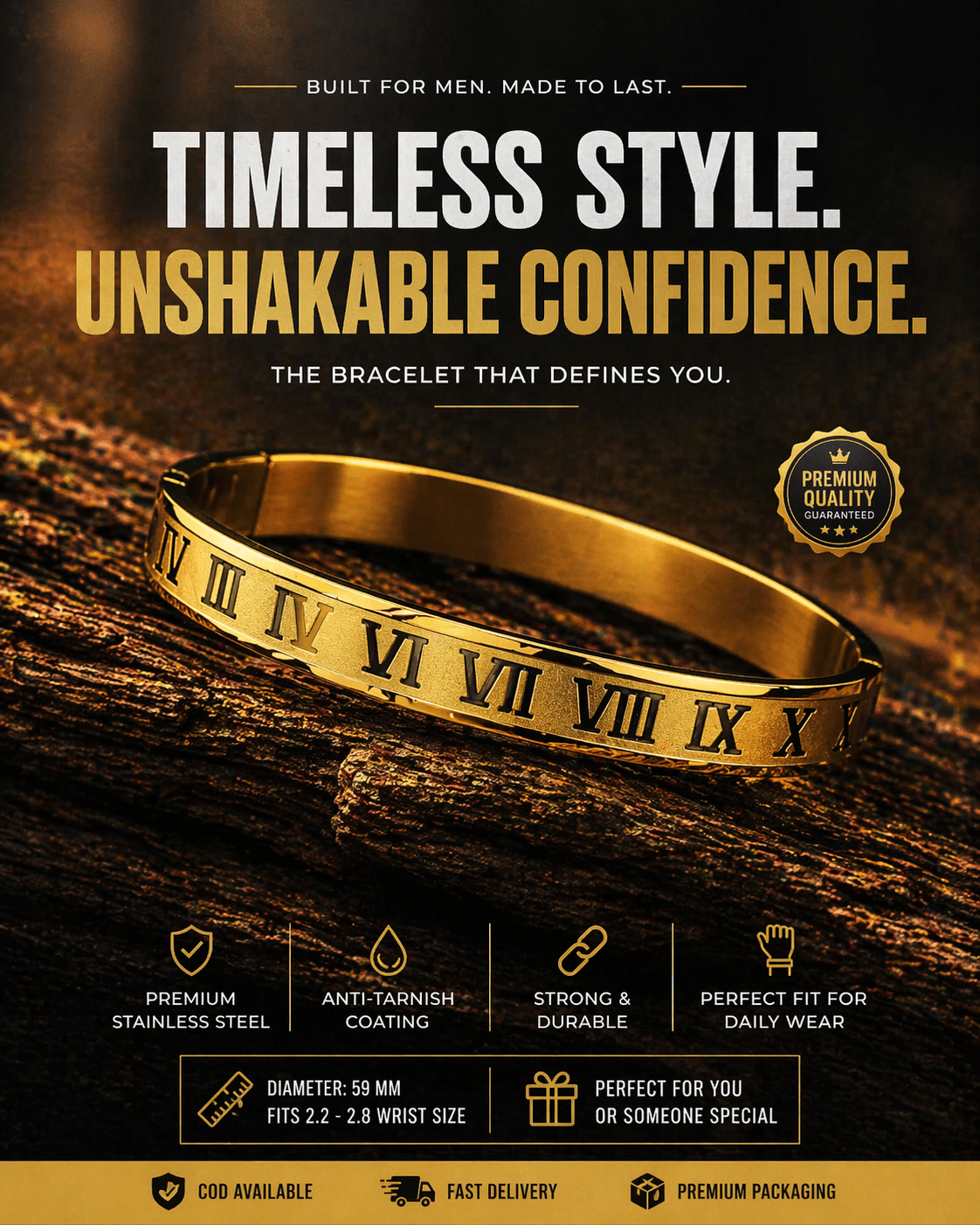 Regal Roman Aura 27™ Men’s Gold Bracelet – Engraved Roman Numeral Kada | Anti-Tarnish Minimal Cuff - The Soul Jewellery