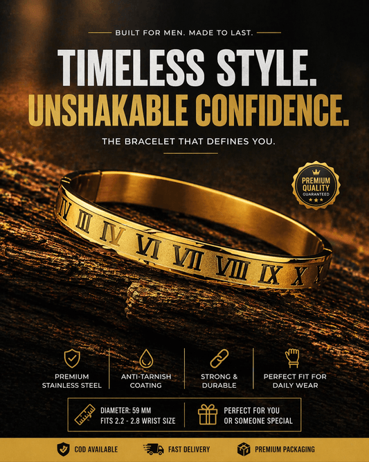 Regal Roman Aura 27™ Men’s Gold Bracelet – Engraved Roman Numeral Kada | Anti-Tarnish Minimal Cuff - The Soul Jewellery