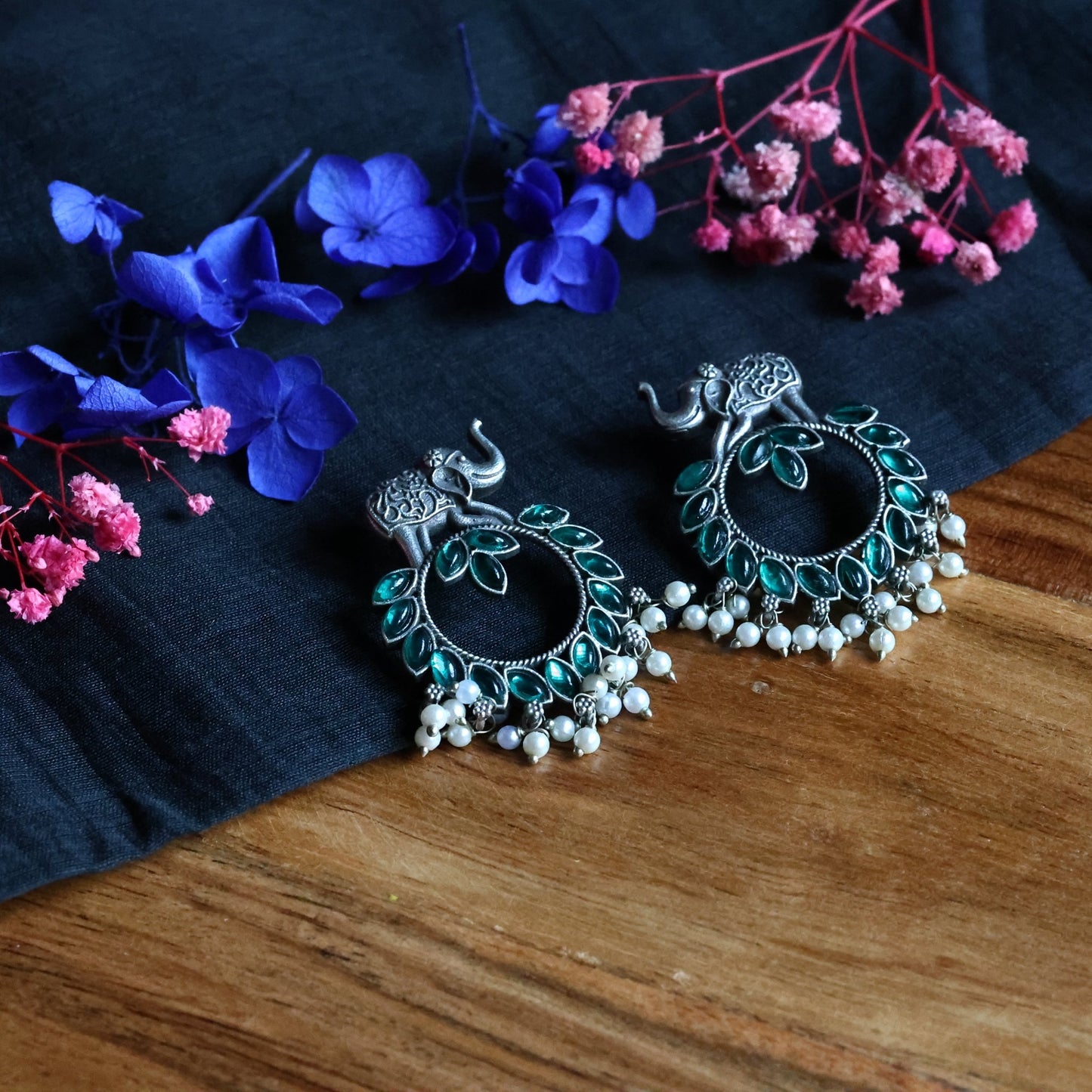 Elephant Motif German Silver Earrings with Green Stones and Pearls - The Soul Jewellery