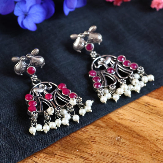 Red Monalisa Stone Studded Silver Replica Temple Earrings GSE400RED - The Soul Jewellery