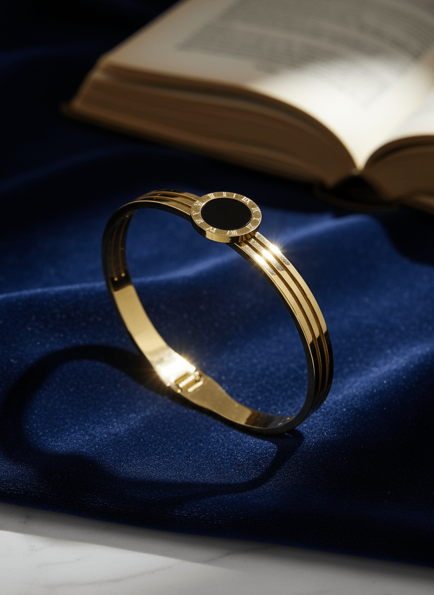 Gold Plated AntiTarnish Roman Numeral Bangle for Women with Black Enamel – Sleek Daily Wear Bracelet - The Soul Jewellery