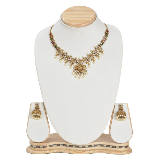 Amrita 22K Antique Matte Gold Plated Short Necklace Set with Lakshmi Devi Motif - The Soul Jewellery