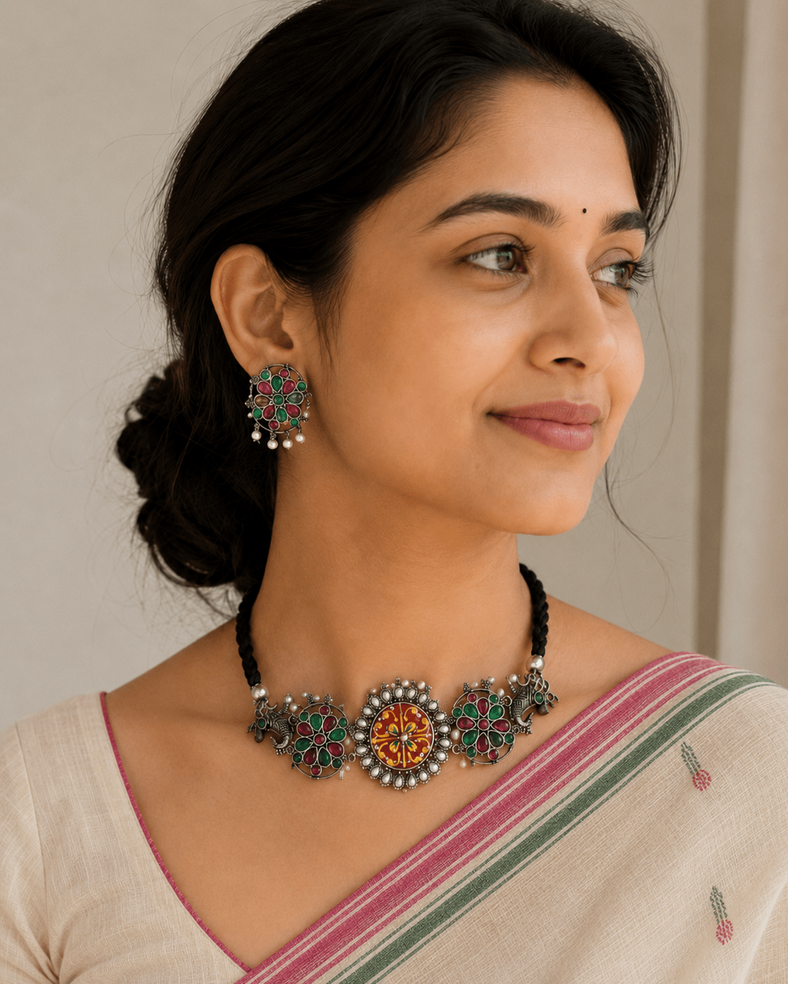 Silver Finish Floral Kundan Choker Necklace with Pearl Drops & Matching Earrings - Soul Jewellery