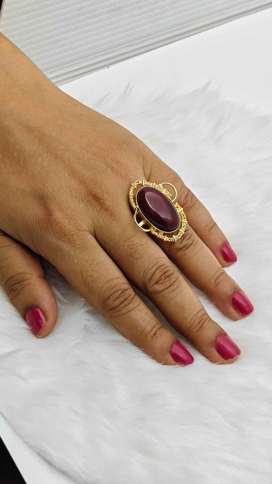 Premium Gold - Plated Brass Ring with Maroon Natural Stone – Elegant Oval Statement Ring for Women with CZ Detailing - The Soul Jewellery